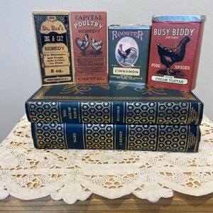 2 VINTAGE REPRODUCTION SPICE TINS and 2 REMEDY BOXES